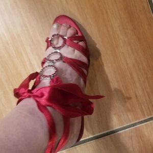 Fioni | Size 6 Vintage Ruby Red Open Toe Lace Up Heels with Circle Gem Detail